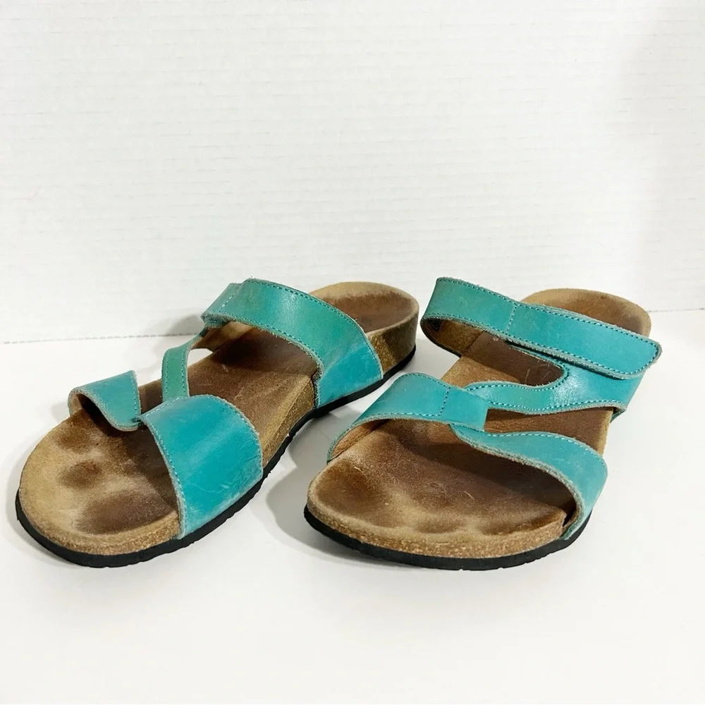 Vionic Teal Leather Pamplona Slide Sandals Cork Orthaheel Footbed Rubber Tread🩵